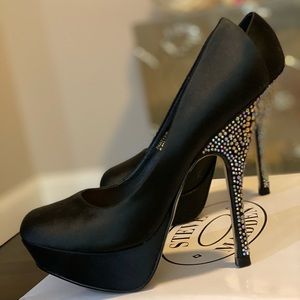 Satin Steve Madden pumps and rhinestones on heels